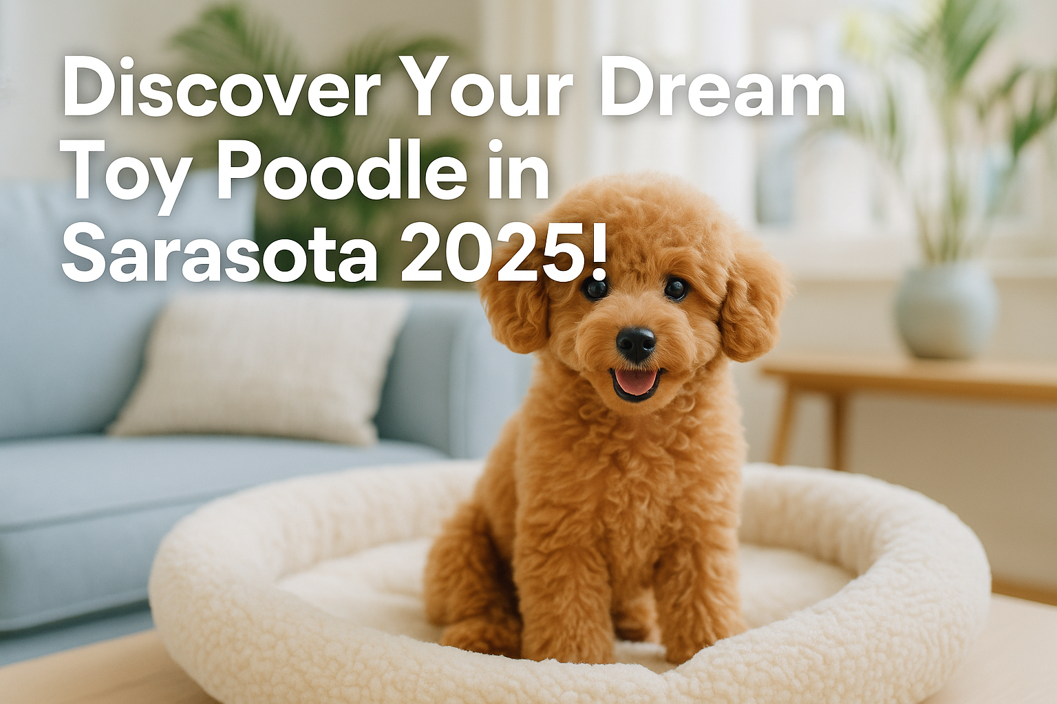 Professional landscape hero image (1536x1024) with bold text overlay: 'Discover Your Dream Toy Poodle in Sarasota 2025!', modern sans-serif