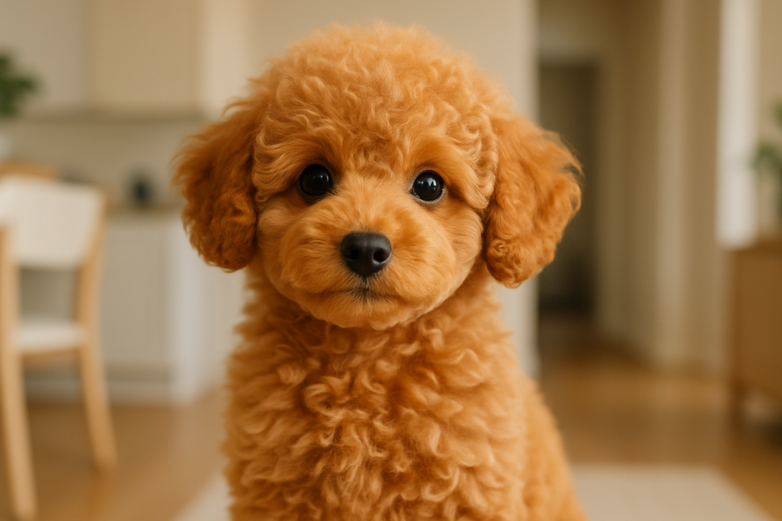 A close-up, heartwarming portrait of a fluffy toy poodle puppy with bright, curious eyes, sitting attentively in a clean, modern home settin
