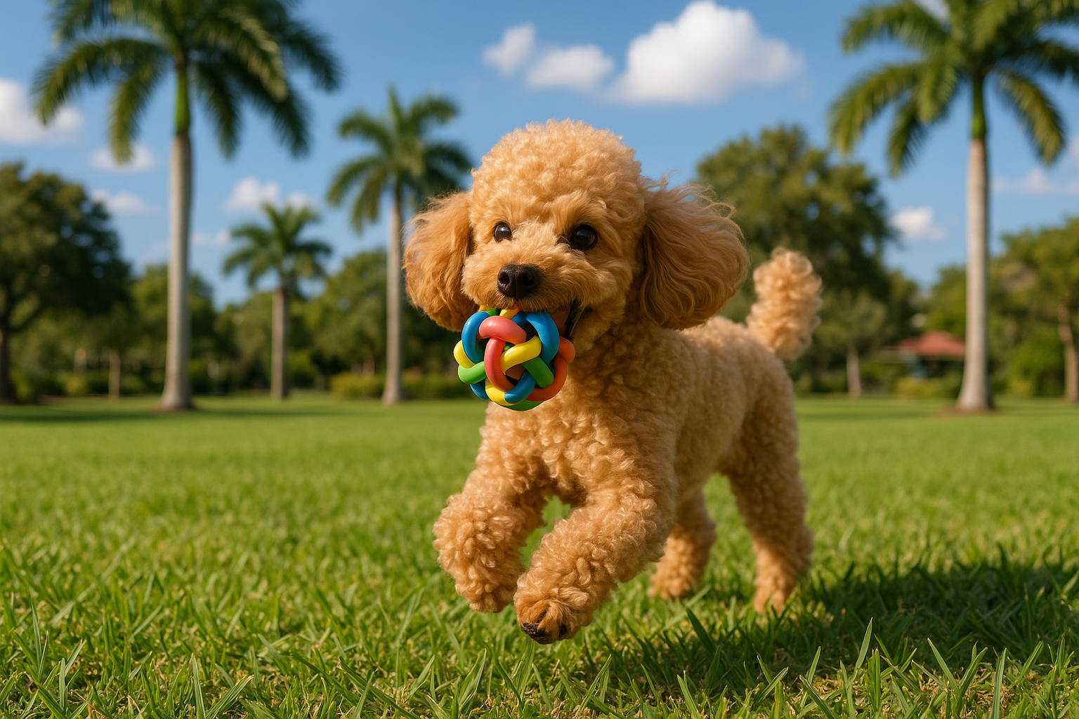 A vibrant image of a happy toy poodle playing with a small, colorful toy in a beautiful, well-maintained backyard or a local park in Sarasot