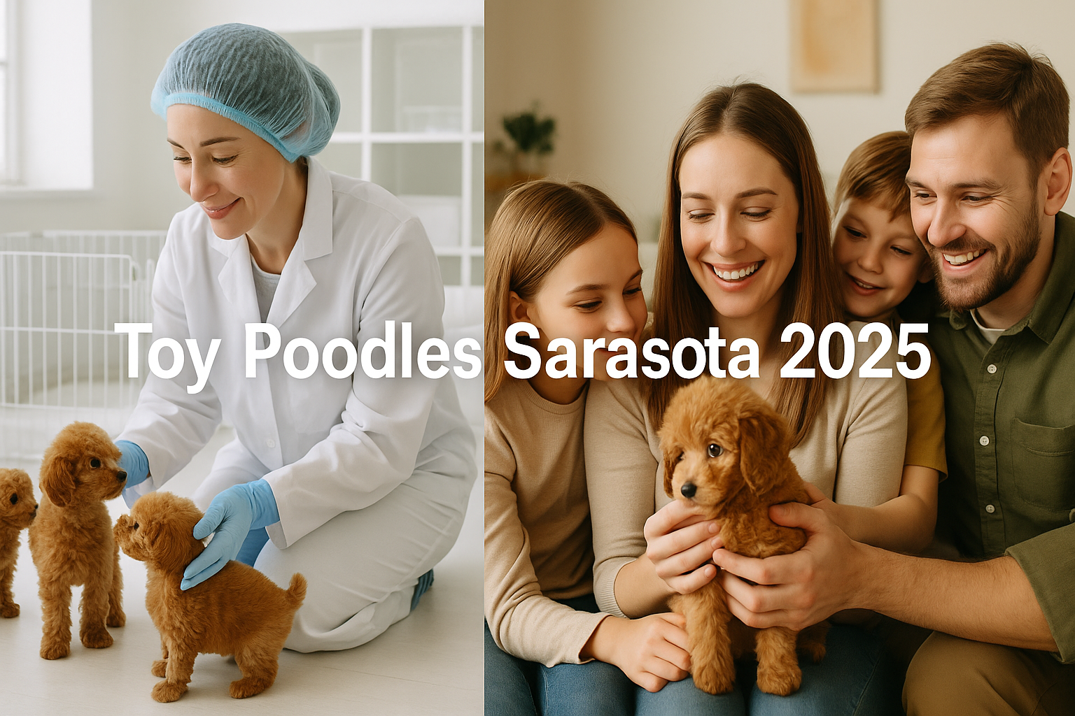 A split image showing, on one side, a professional breeder interacting gently with several toy poodle puppies in a clean, bright nursery env