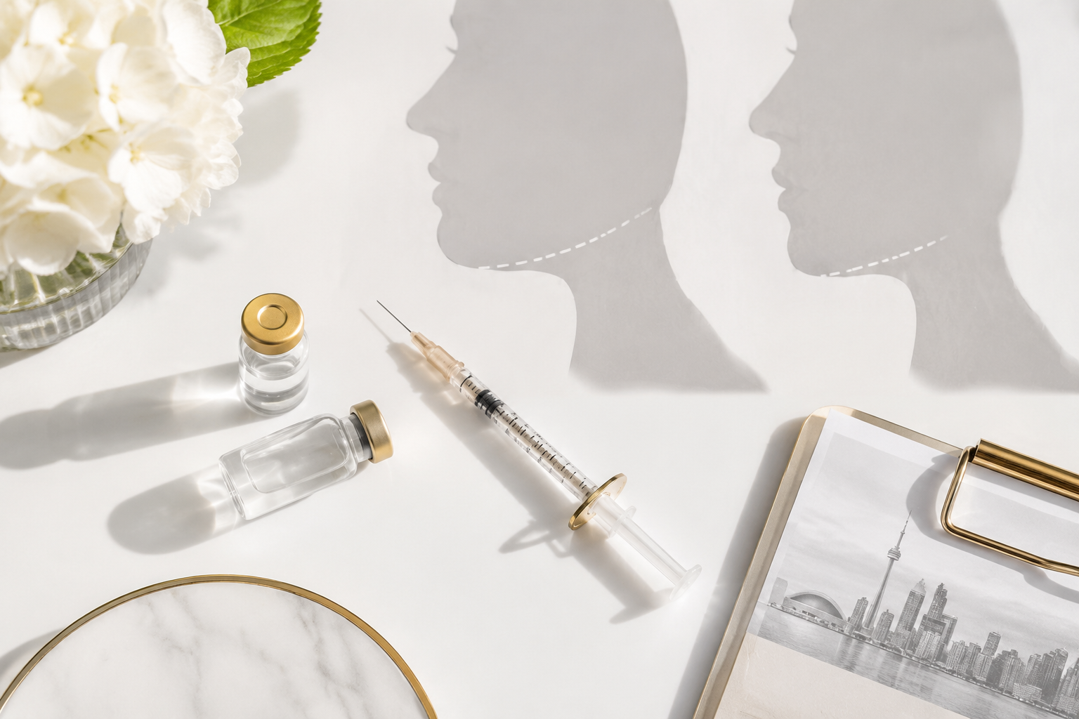 () overhead flat-lay composition showing a pristine white surface with a fine-gauge syringe, small glass vials of botulinum