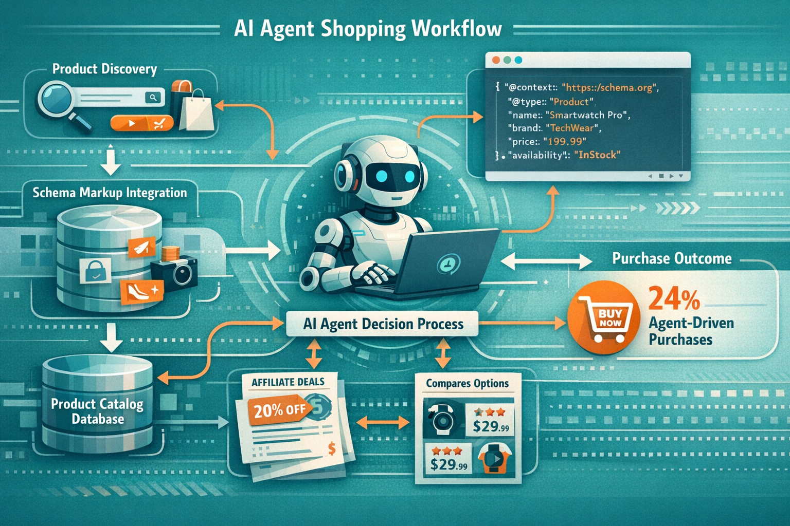 Detailed landscape format (1536x1024) infographic showing AI agent shopping workflow diagram with interconnected nodes representing product 