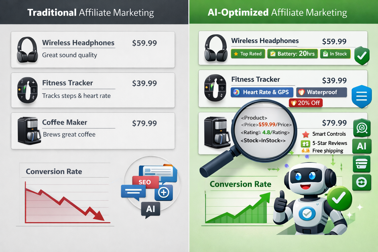 Professional landscape format (1536x1024) split-screen comparison image showing traditional affiliate marketing setup on left versus AI agen