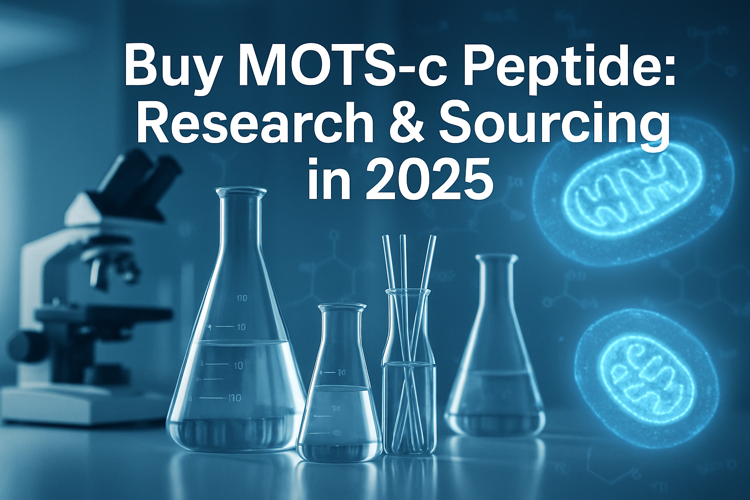 Professional landscape hero image (1536x1024) with bold text overlay: 'Buy MOTS-c Peptide: Research & Sourcing in 2025', modern sans-serif 7
