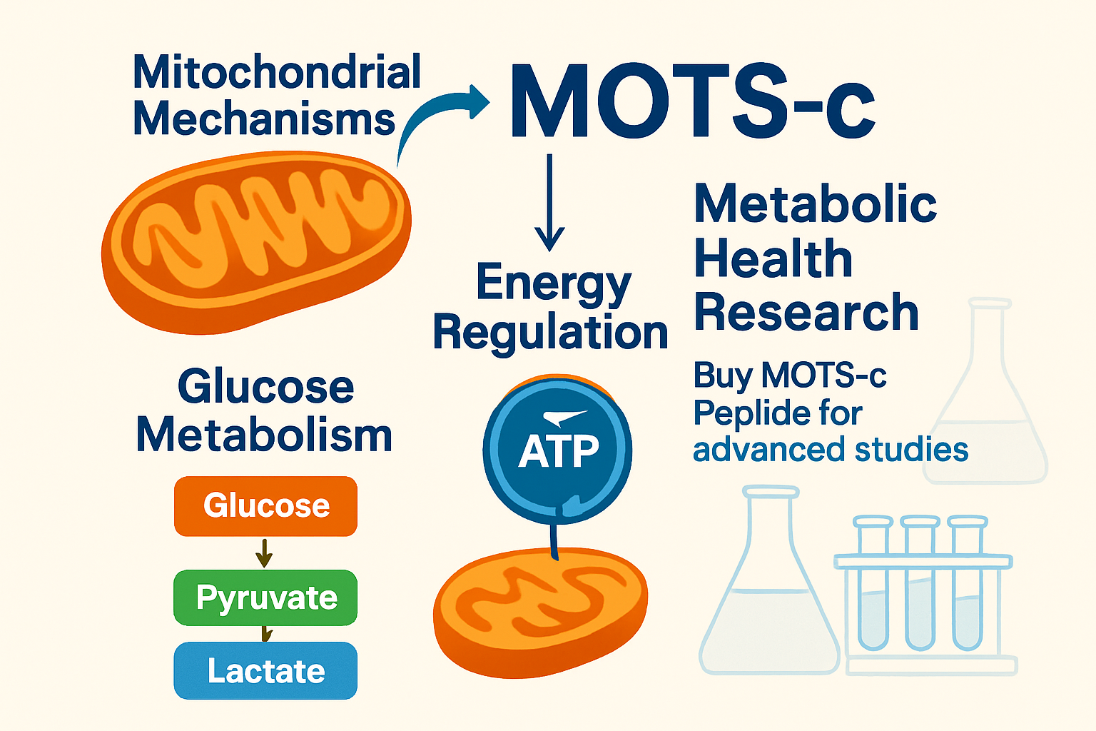An infographic illustrating the mitochondrial mechanisms and cellular pathways influenced by MOTS-c, featuring mitochondria diagrams, ATP pr