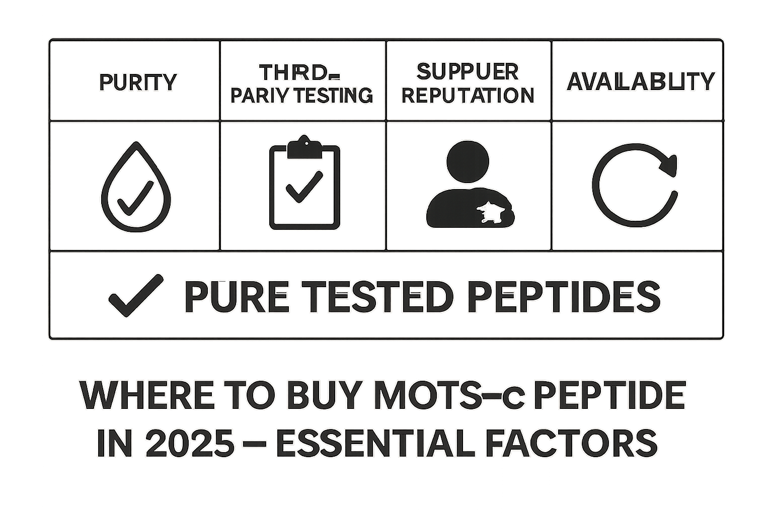A comparative table graphic showcasing key considerations for sourcing research peptides: 'Purity, Third-Party Testing, Supplier Reputation,