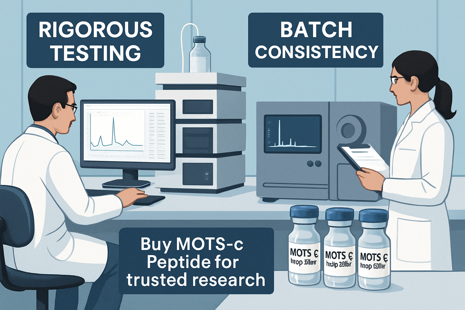 A visual representation of quality control processes in a peptide manufacturing facility. Image includes scientists in lab coats examining c