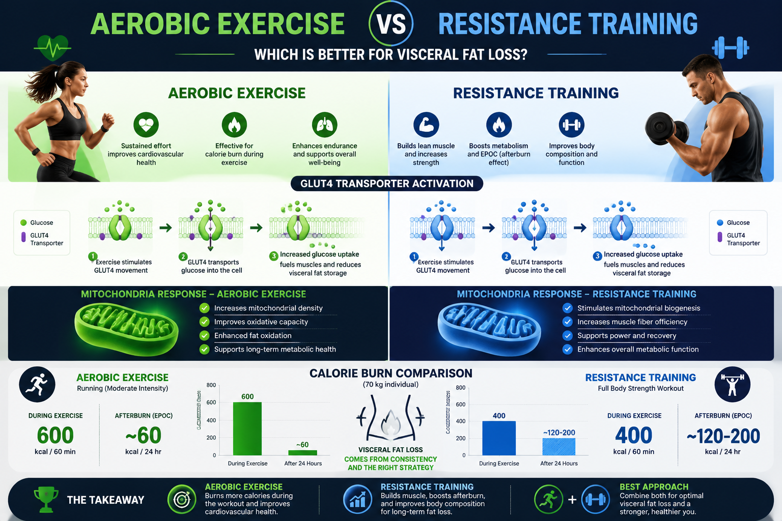 Split-panel fitness infographic comparing aerobic exercise vs resistance training for visceral fat loss, showing GLUT4