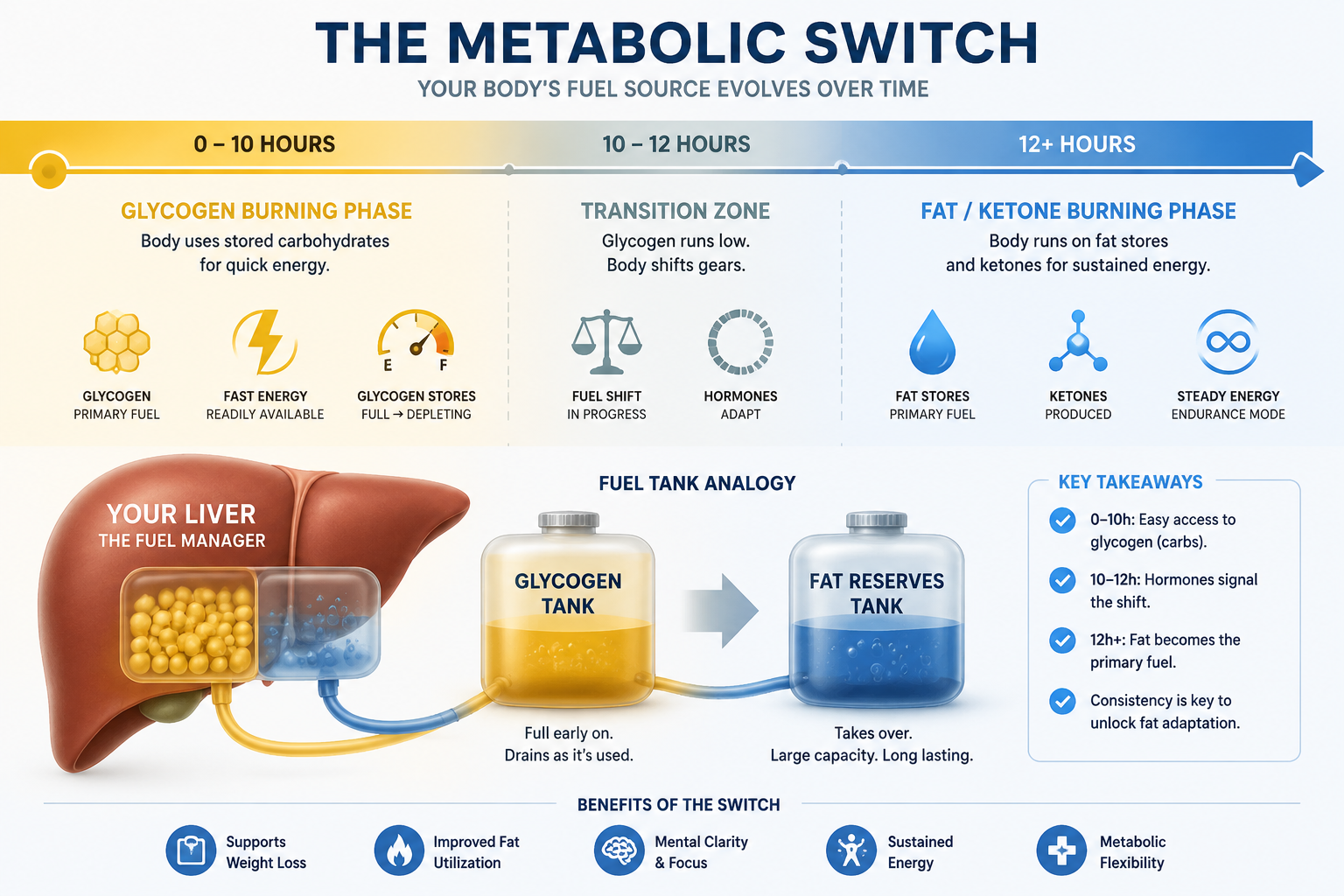 Timeline infographic showing the metabolic switch: 0-10 hours glycogen burning phase in yellow, 10-12 hour transition zone,