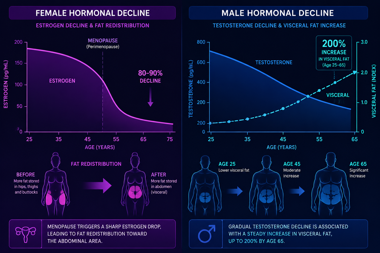 Side-by-side hormonal decline chart for men and women: female estrogen drop during menopause with fat redistribution arrows,