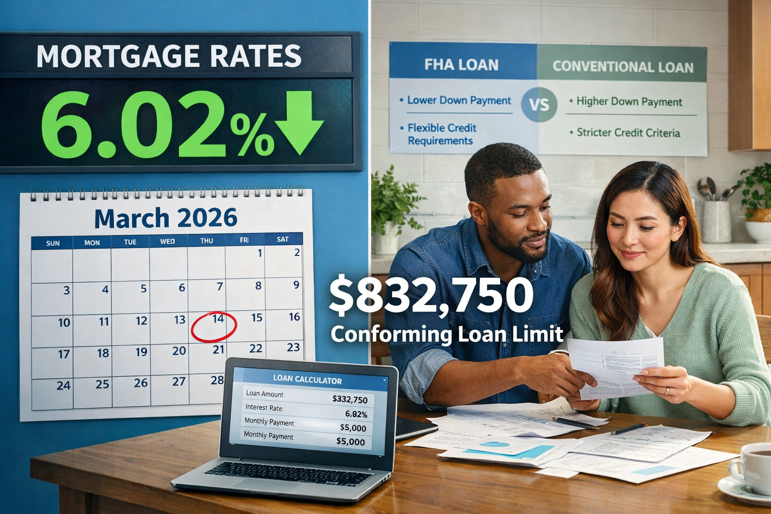 () editorial image showing split-screen composition: left side displays large digital mortgage rate ticker showing '6.02%'