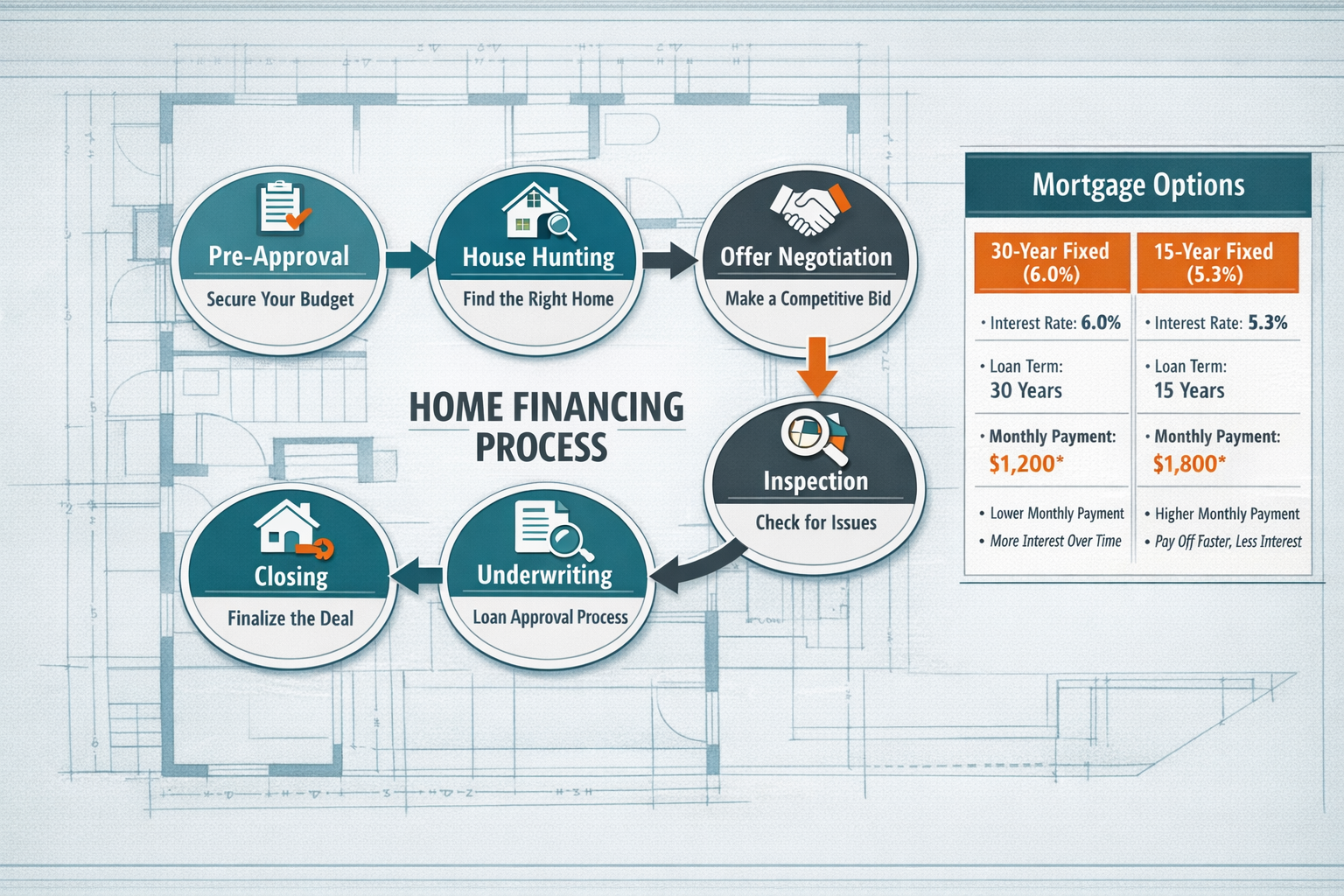 () detailed infographic-style image featuring central flowchart diagram of home financing process with six connected nodes: