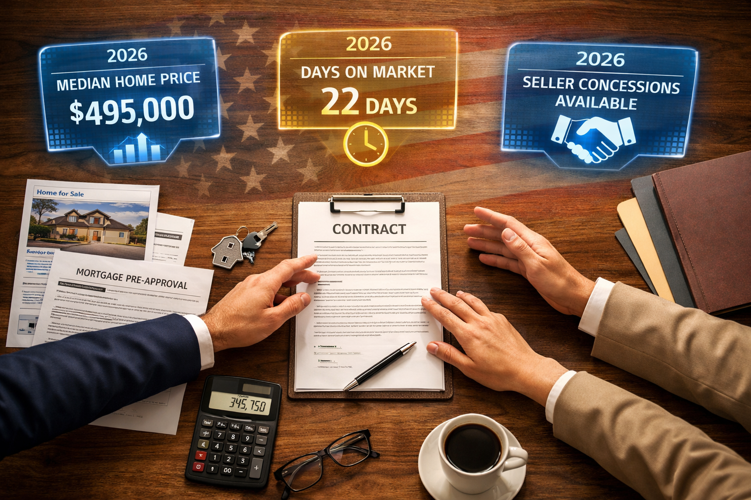 () conceptual image showing overhead bird's-eye view of real estate negotiation scene: wooden conference table with property