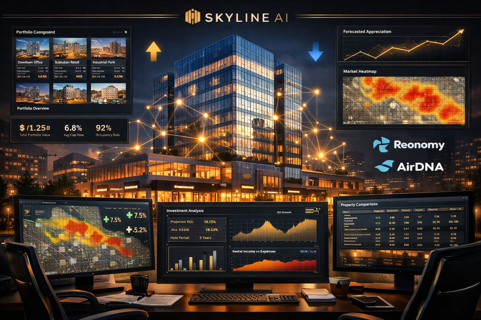 Landscape format (1536x1024) sophisticated commercial real estate analysis visualization for Skyline AI: modern glass office building and re