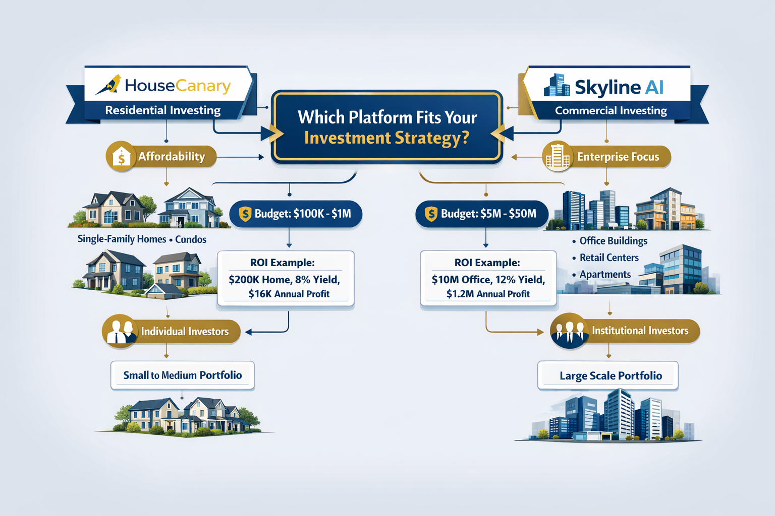Landscape format (1536x1024) decision-making workflow diagram for real estate investors: central question 'Which Platform Fits Your Investme