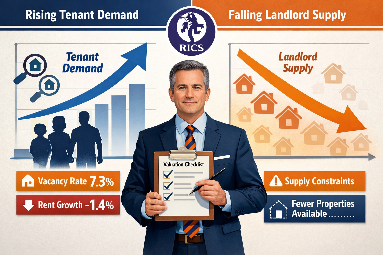 Landscape format (1536x1024) detailed infographic showing UK rental market dynamics with split-screen composition: left side displays upward