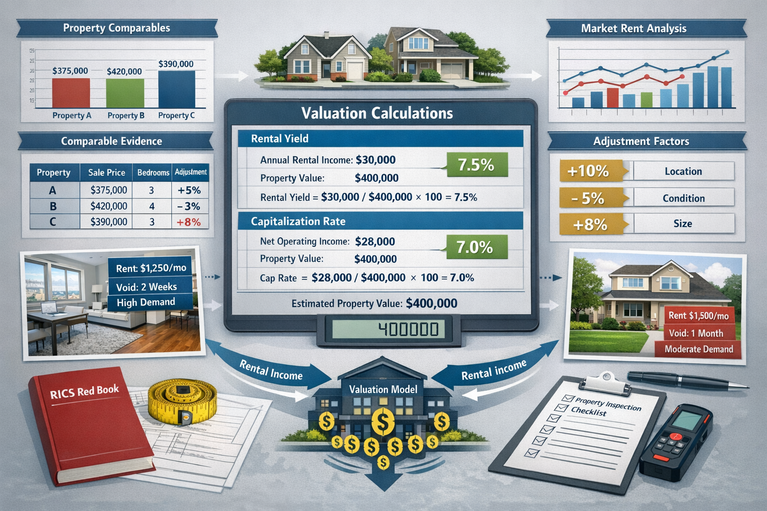 Landscape format (1536x1024) comprehensive visualization of valuation adjustment methodologies featuring central calculator or spreadsheet i