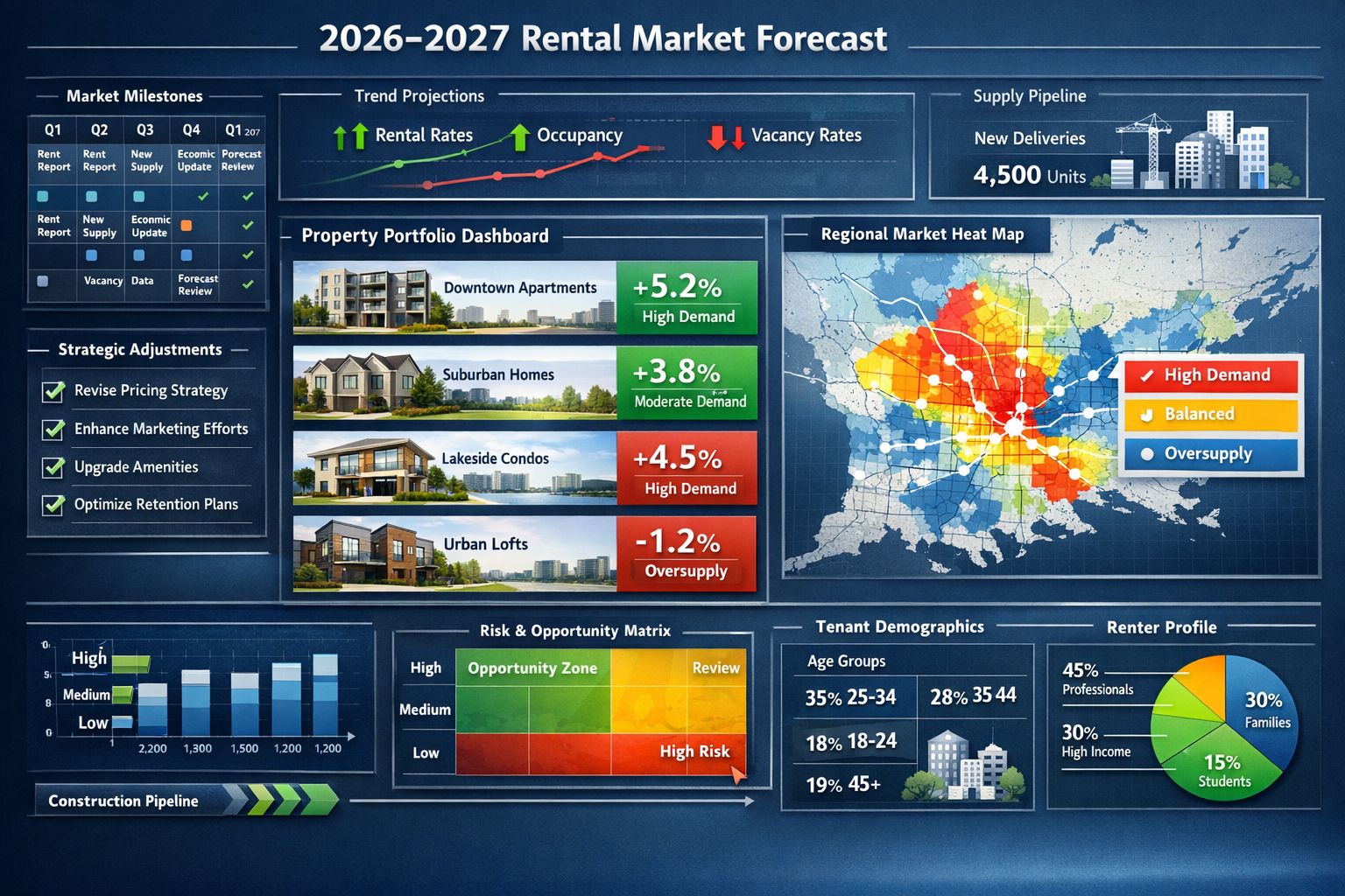 Landscape format (1536x1024) forward-looking strategic planning visualization showing 2026-2027 rental market forecast timeline. Central ele