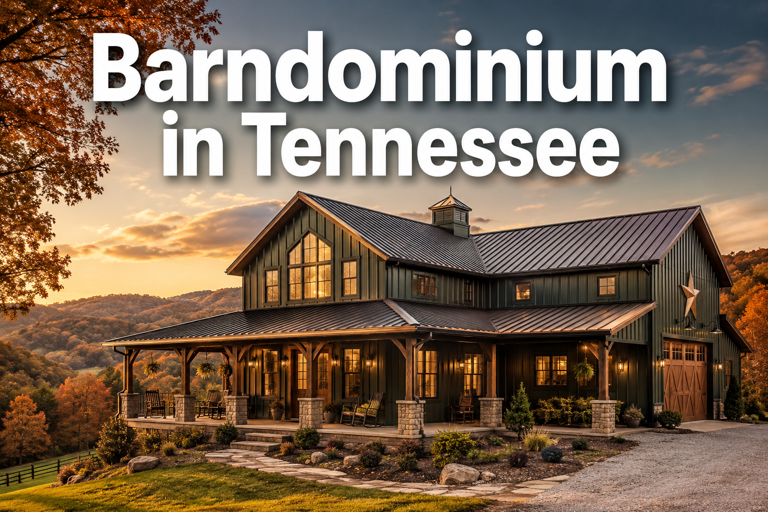 Professional () hero image with : 'Barndominium in Tennessee' in extra large white with dark drop , centered in upper third.