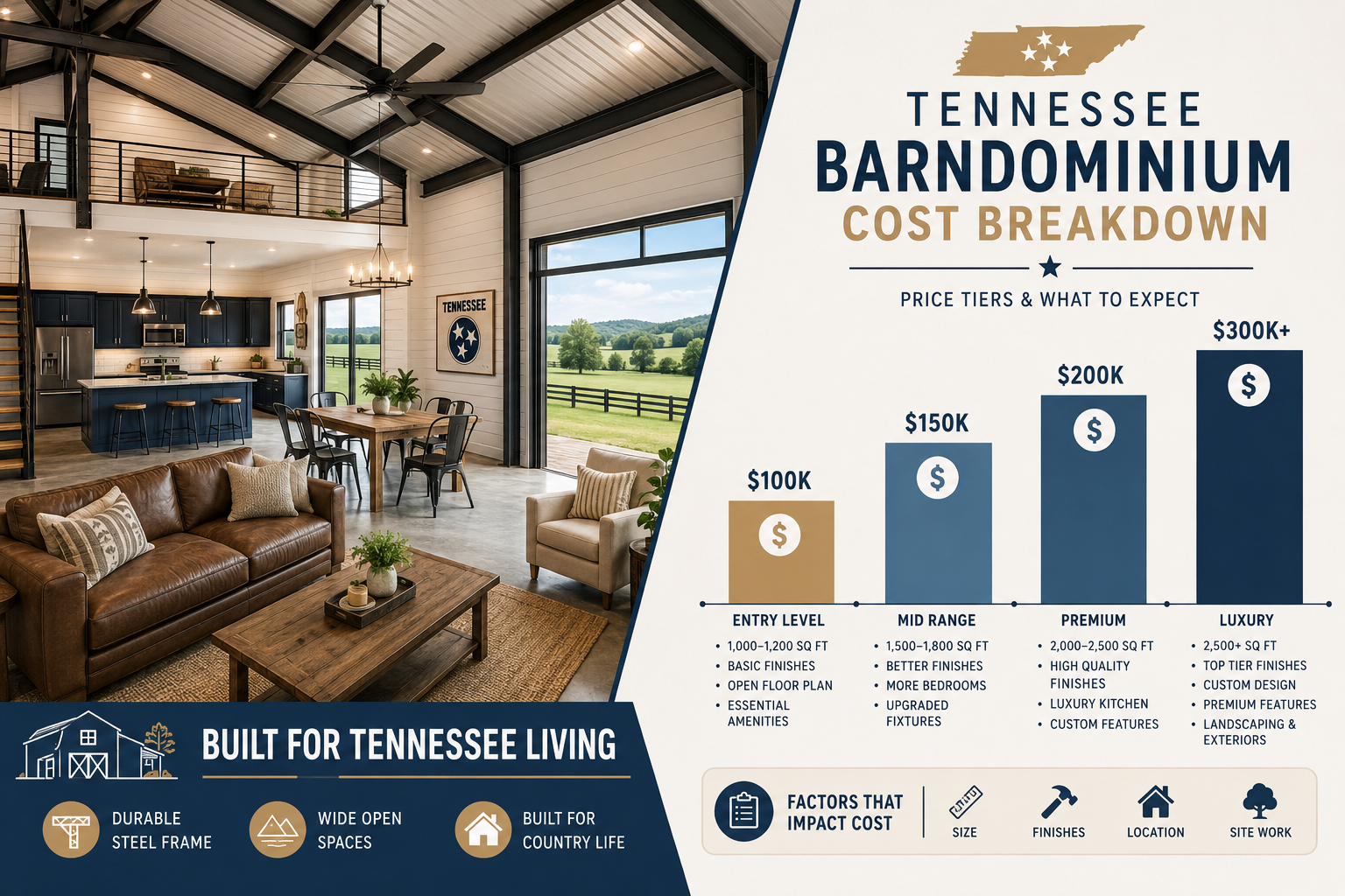 Detailed () editorial infographic-style image showing a split-scene comparison: left side displays a modern barndominium
