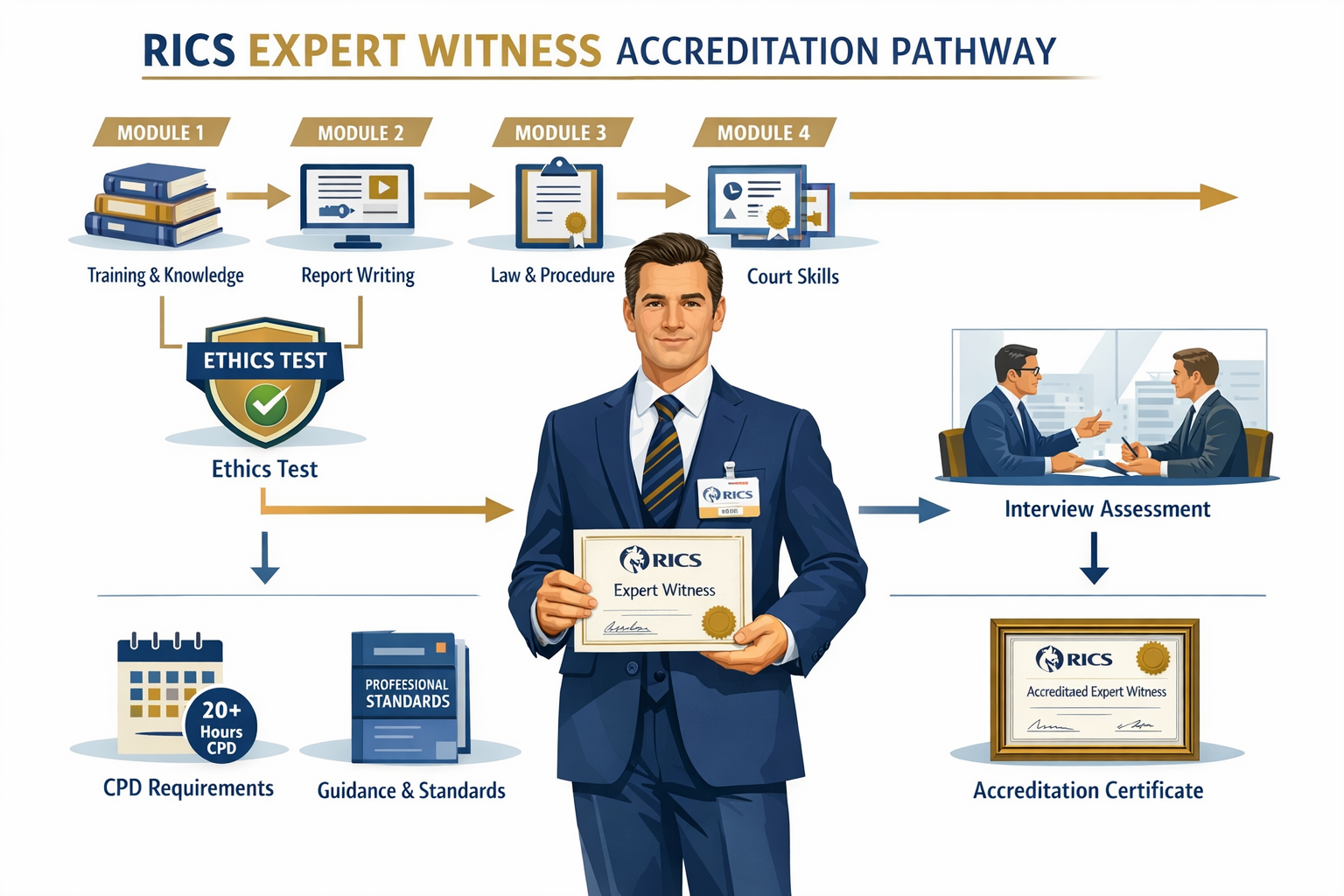 () detailed illustration showing RICS expert witness accreditation pathway as an infographic flowchart. Visual elements