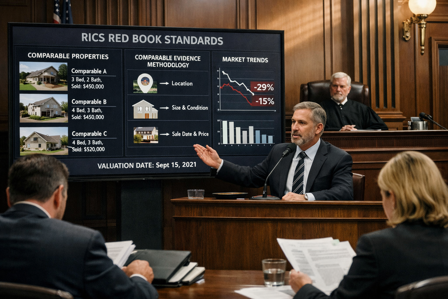 () dramatic courtroom scene focused on expert witness testimony during property valuation dispute. Central composition shows