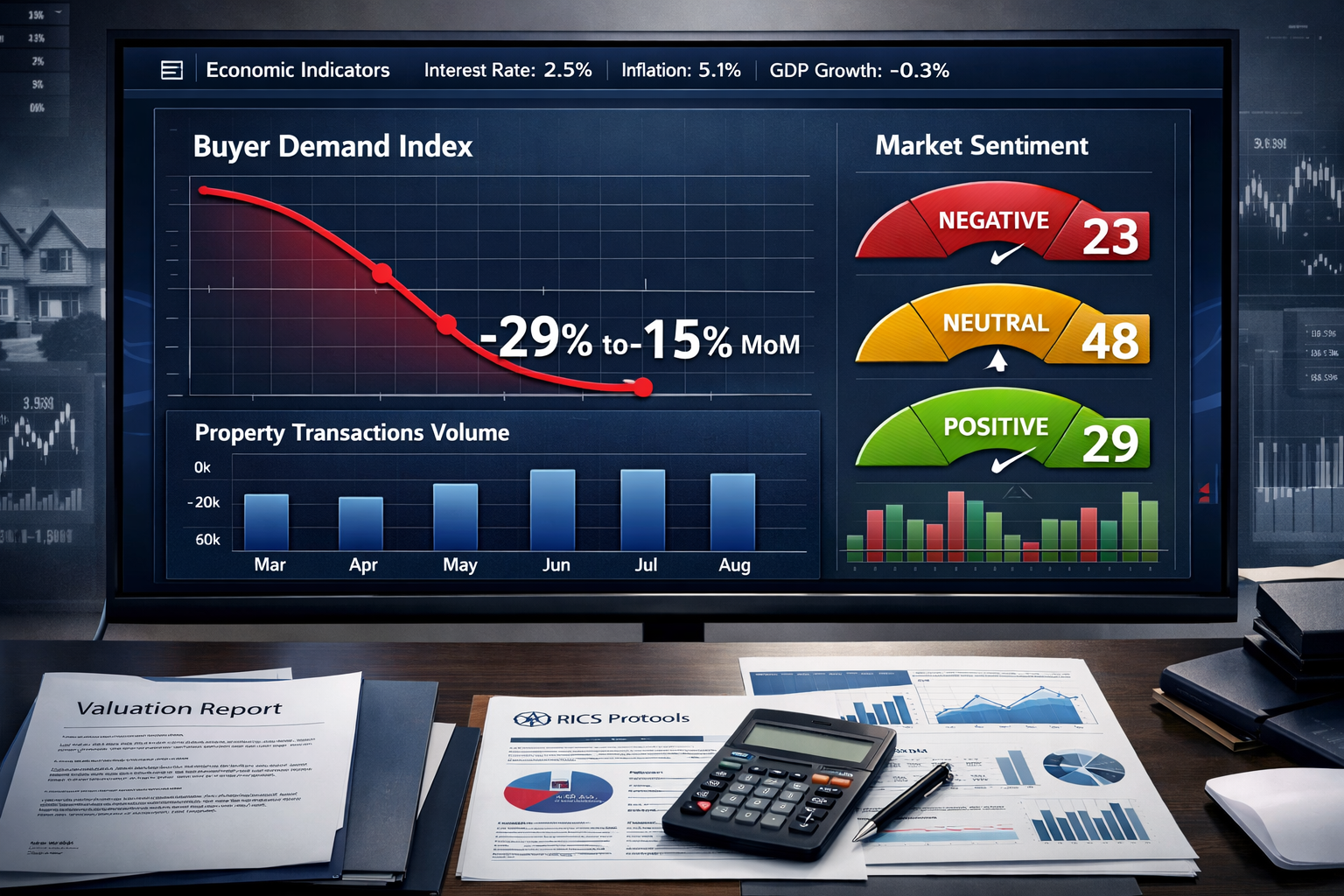 () sophisticated data visualization dashboard showing market sentiment shifts and buyer demand fluctuations. Large central