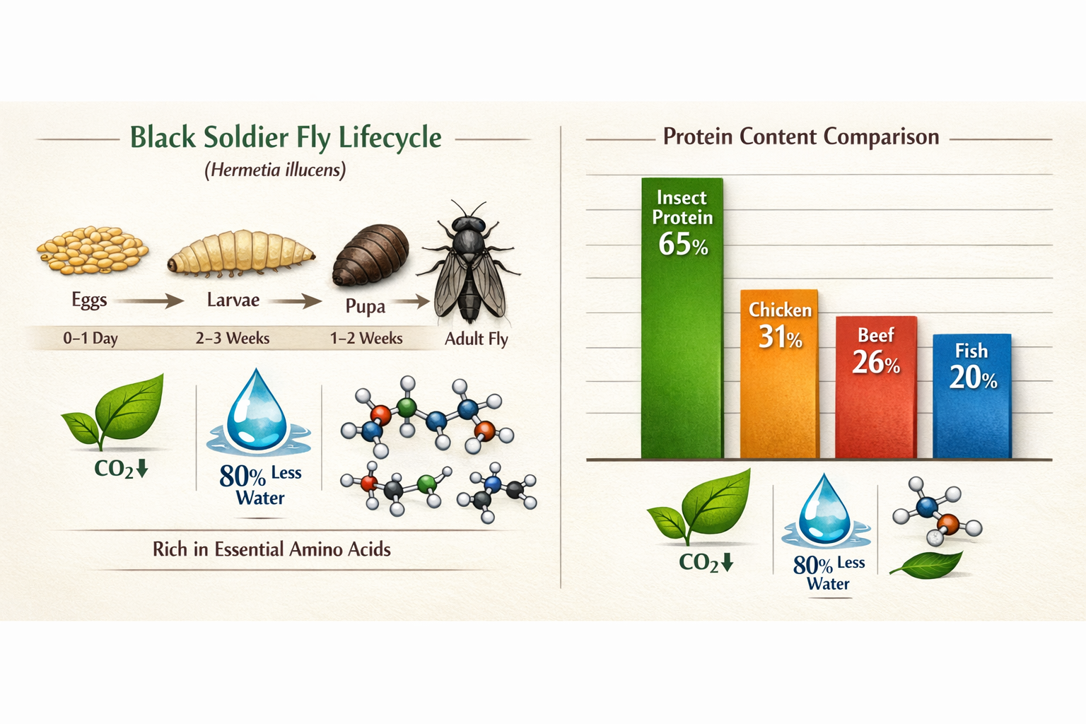 Landscape format (1536x1024) detailed infographic showing black soldier fly larvae lifecycle and nutritional profile comparison. Split compo