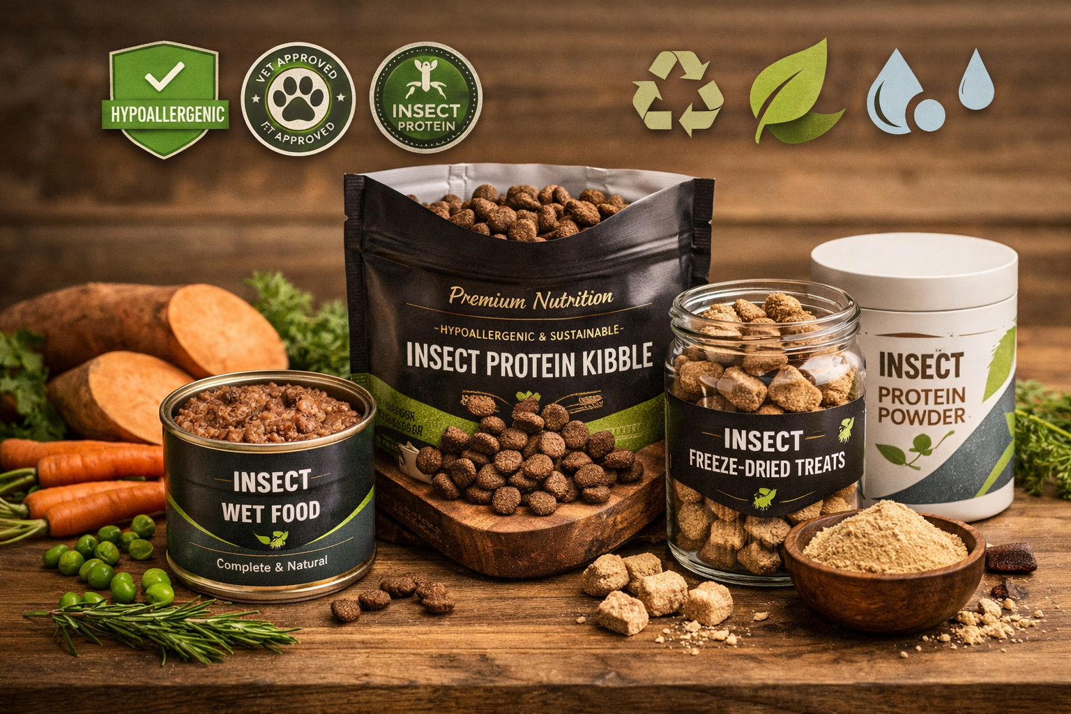Landscape format (1536x1024) premium pet food product showcase featuring variety of insect-based pet food formats. Center composition displa
