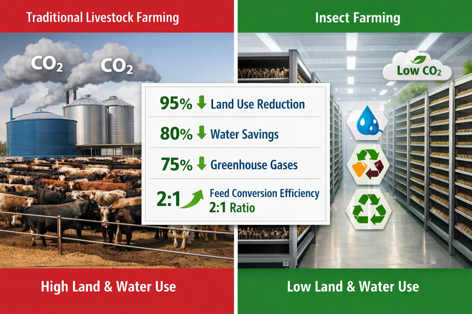 Landscape format (1536x1024) split-screen comparison visualization showing environmental impact metrics. Left side: traditional livestock fa