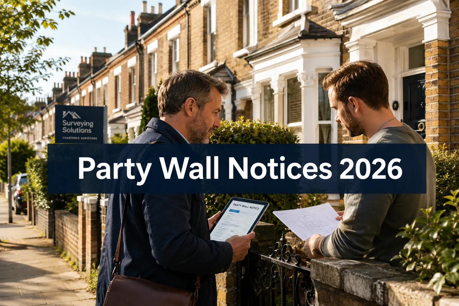 Professional () hero image with (≤42 chars): 'Party Wall Notices 2026' in crisp white on a deep navy semi-transparent panel,