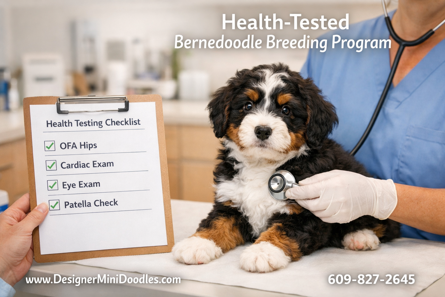 () informational image showing a miniature bernedoodle puppy being examined by a veterinarian in a clean modern clinic