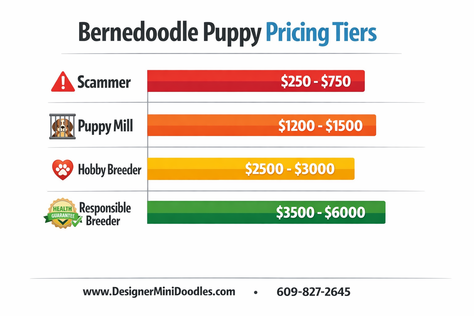 () detailed comparison infographic chart showing bernedoodle puppy pricing tiers as a horizontal bar graph. Four tiers