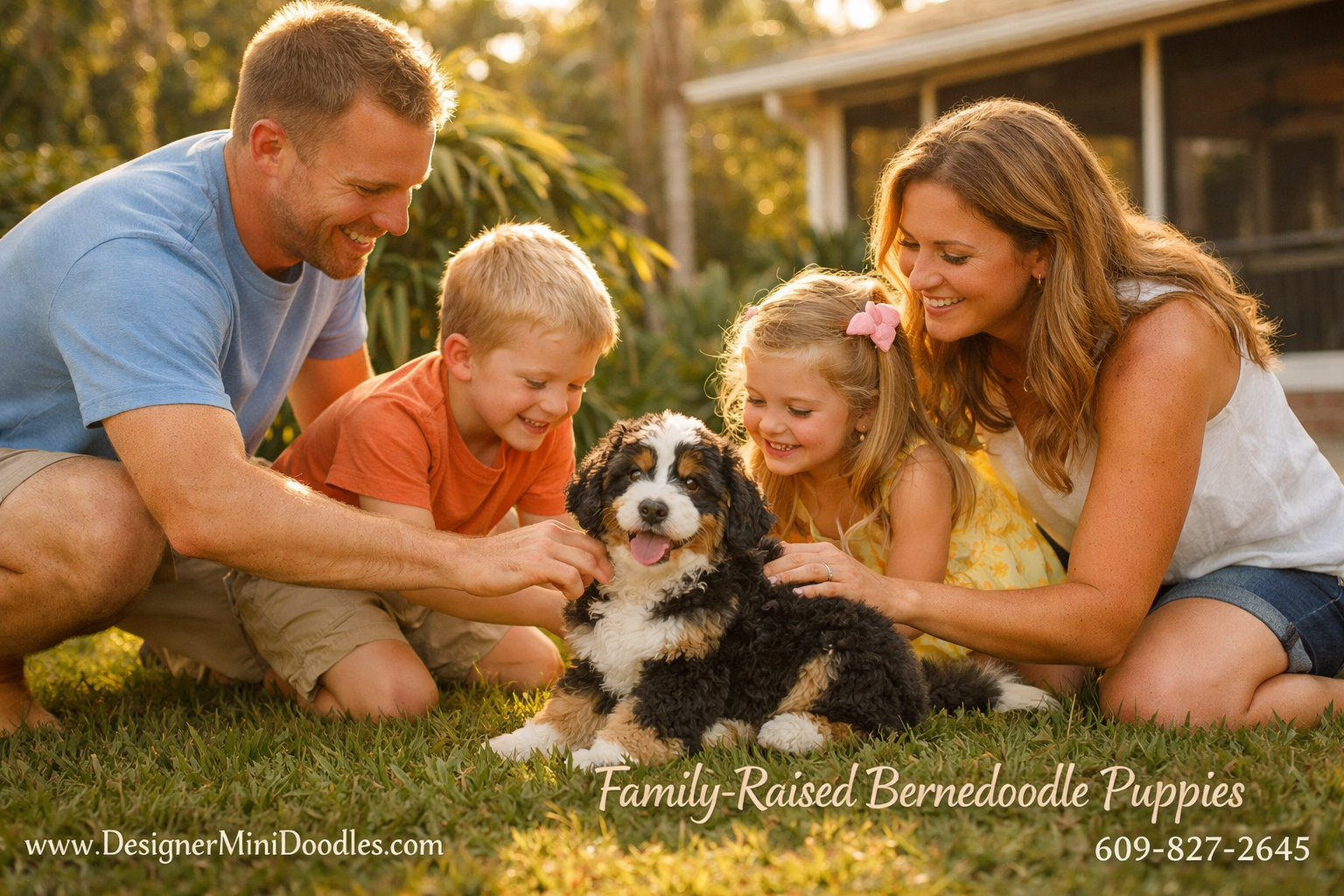 () warm photograph of a family with two children playing with a fluffy tri-color miniature bernedoodle puppy in a sunny