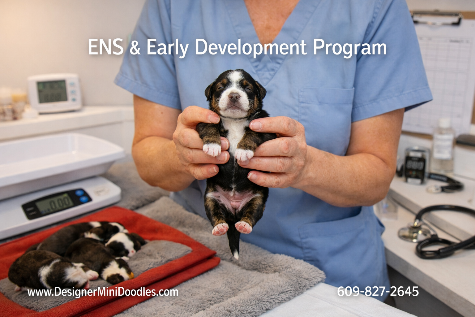 () professional photograph showing the early neurological stimulation (ENS) process with tiny newborn bernedoodle puppies