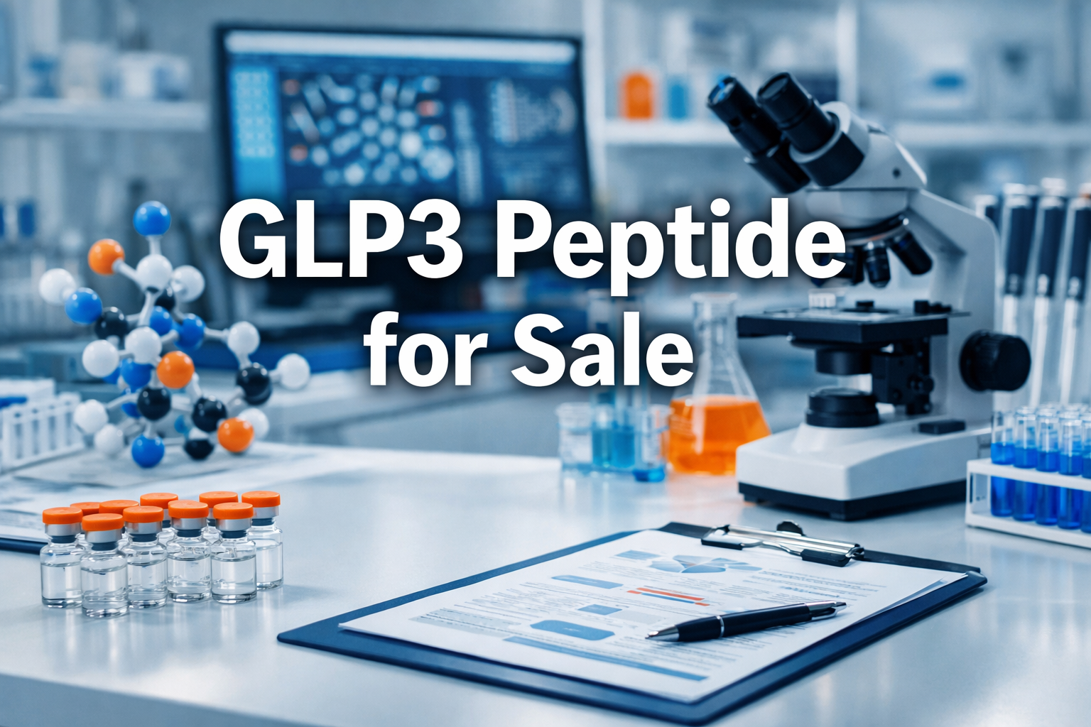 Professional laboratory landscape image (1536x1024) featuring bold text overlay 'GLP3 Peptide for Sale' in 70pt white sans-serif font with d