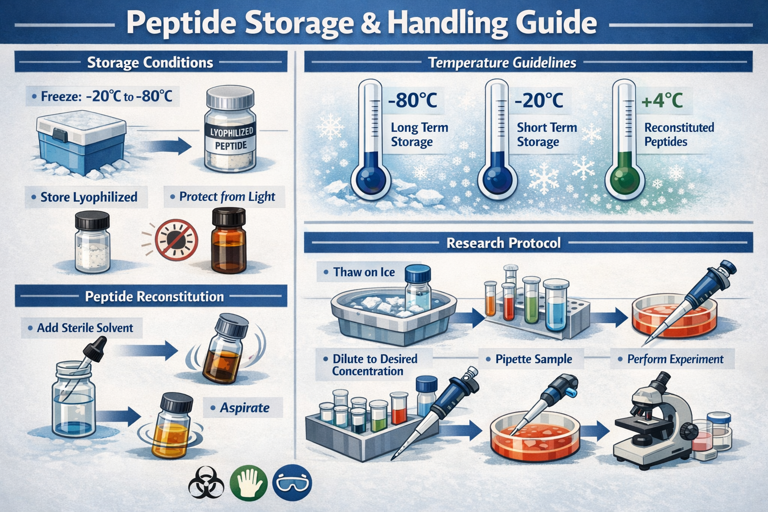 Laboratory storage and handling infographic showing proper peptide storage conditions, temperature requirements, reconstitution procedures, 