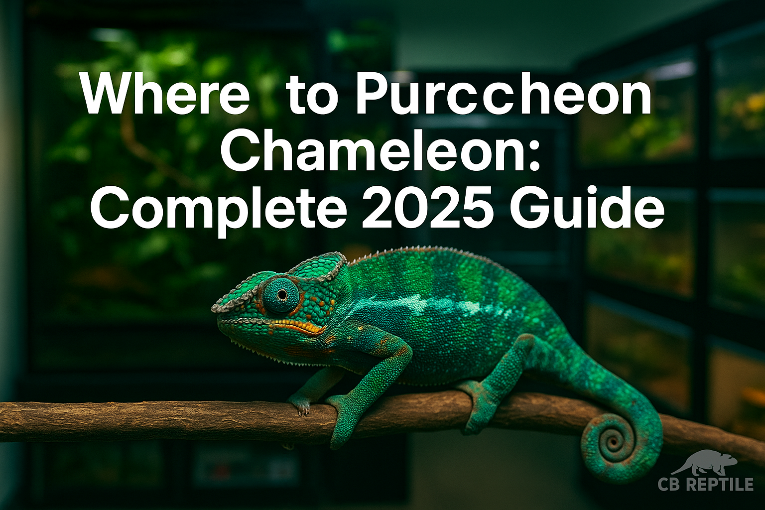 Professional landscape hero image (1536x1024) featuring bold text overlay 'Where to Purchase Chameleon: Complete 2025 Guide' in 70pt white s