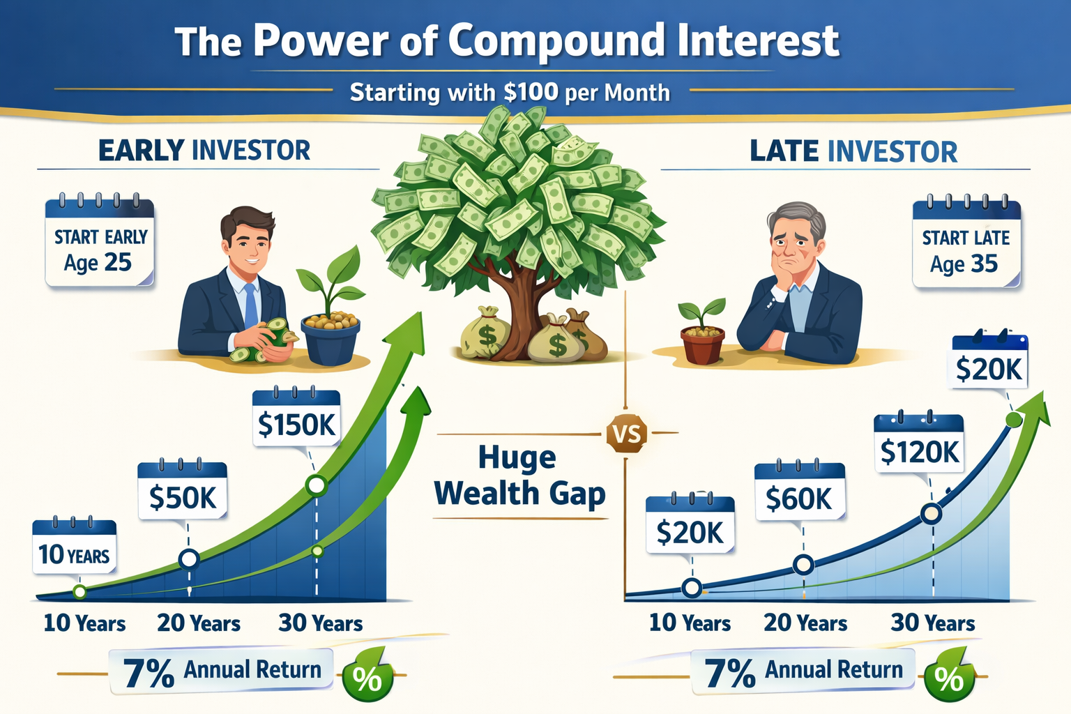 Detailed infographic illustration showing compound interest growth visualization over 30 years, starting with small Section Image00 monthly contributio