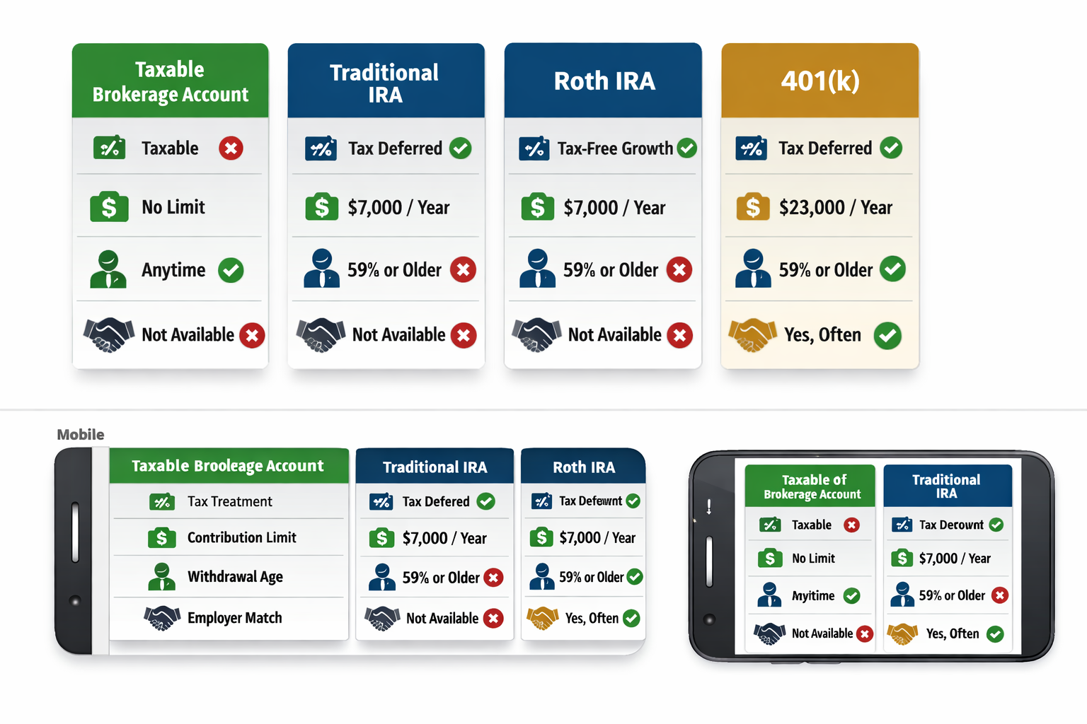 Comprehensive comparison table visualization showing different investment account types laid out as organized cards or columns: taxable brok
