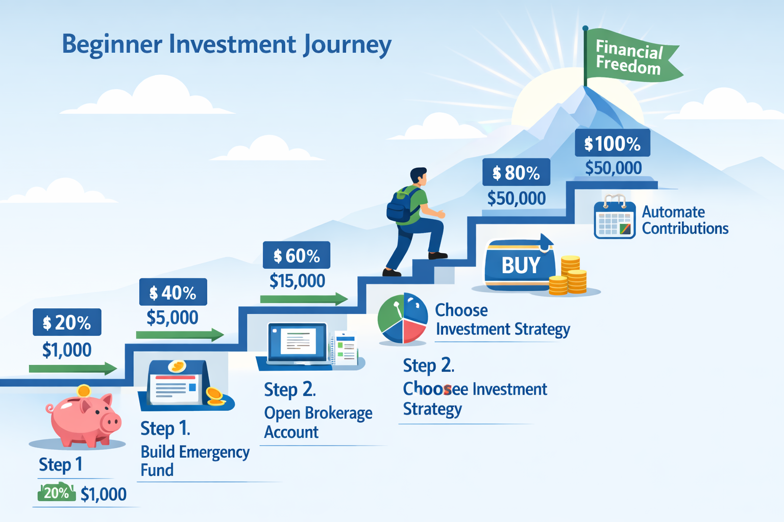 Step-by-step visual roadmap illustration showing beginner investment journey as ascending staircase or pathway, each step clearly labeled: S