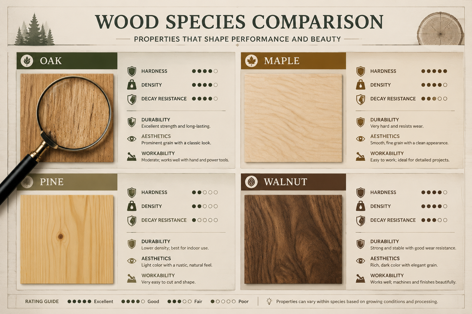 A detailed landscape image () showing a comparative infographic of different wood species (e.g., Oak, Maple, Pine, Walnut)