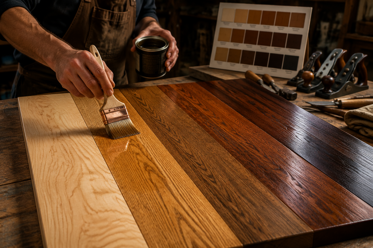 A dynamic landscape image () capturing a woodworker's hands expertly applying a finish to a wooden tabletop, showcasing how