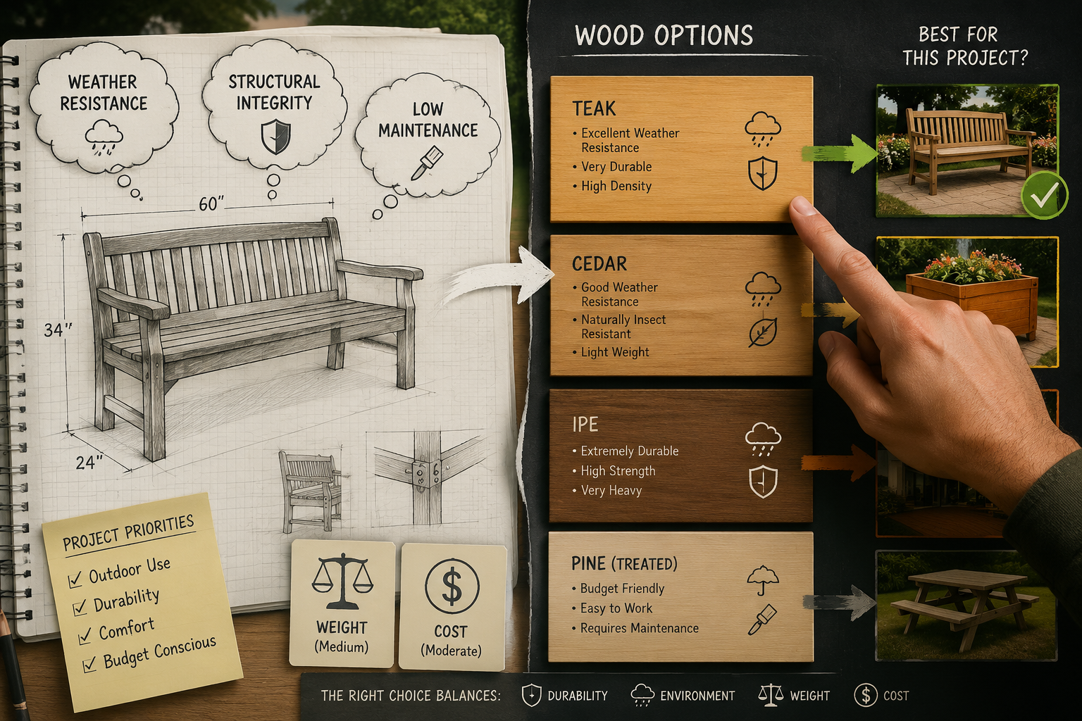 A conceptual landscape image () illustrating the decision-making process for wood selection, with a split screen or overlaid