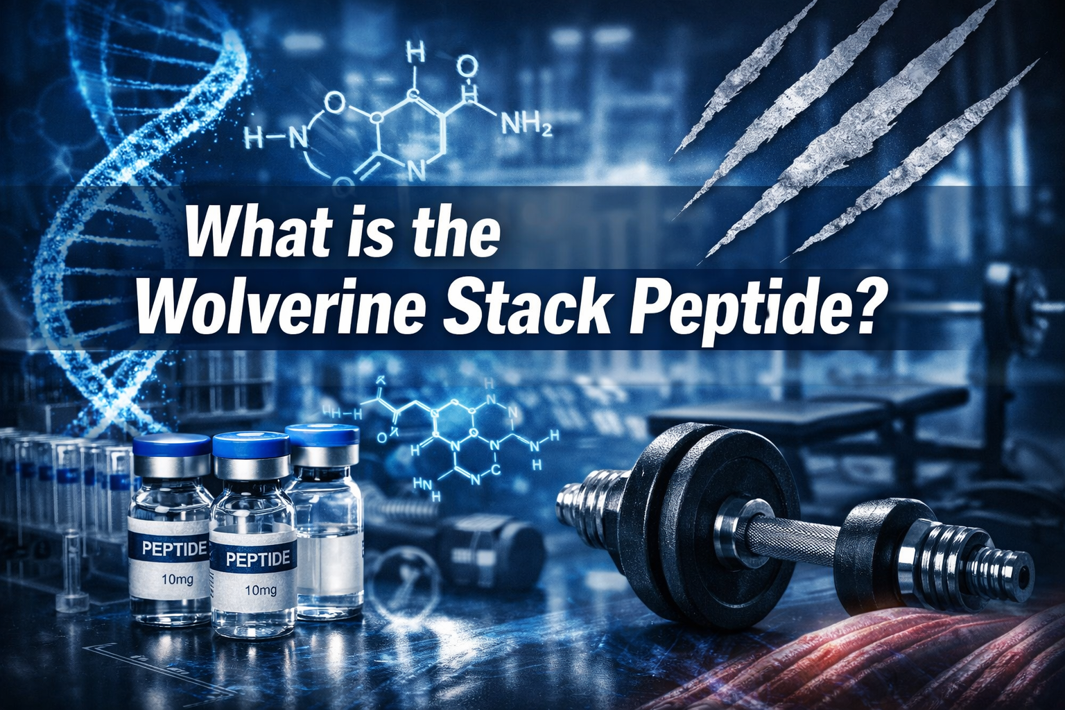 Professional landscape hero image (1536x1024) featuring bold text overlay 'What is the Wolverine Stack Peptide?' in extra large 72pt white s