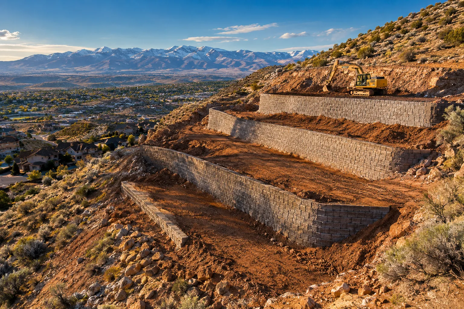 Editorial () hero image, no . Dramatic wide-angle aerial view of a steep Reno Nevada hillside lot undergoing terracing