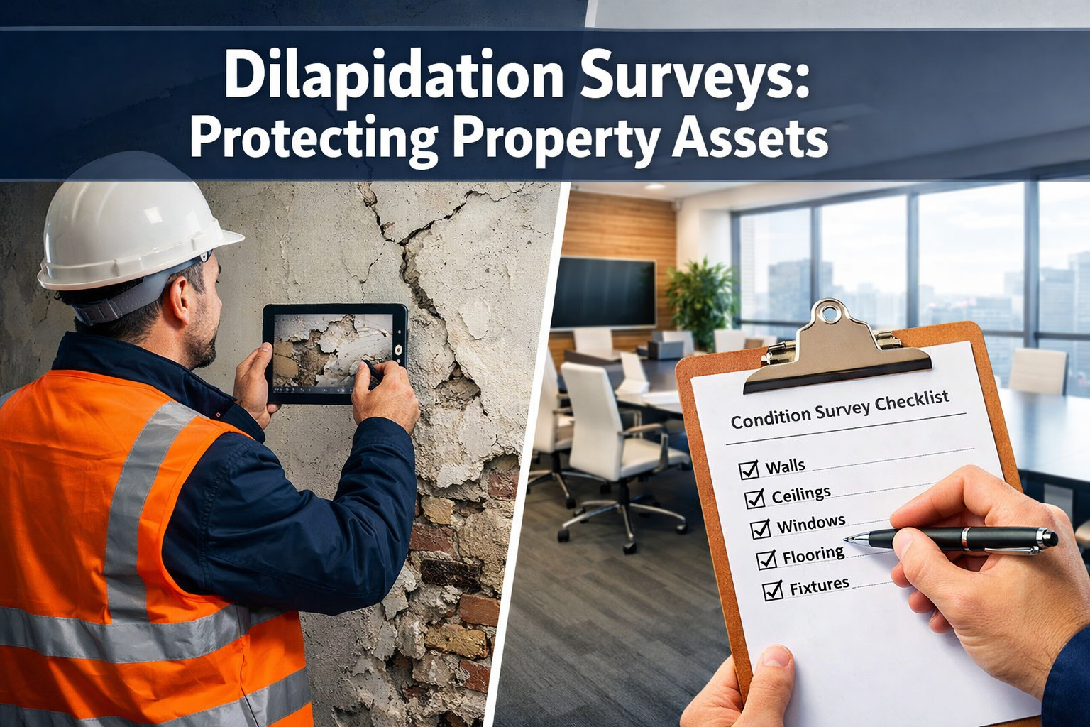 Professional landscape format (1536x1024) hero image featuring bold text overlay 'Dilapidation Surveys: Protecting Property Assets' in extra