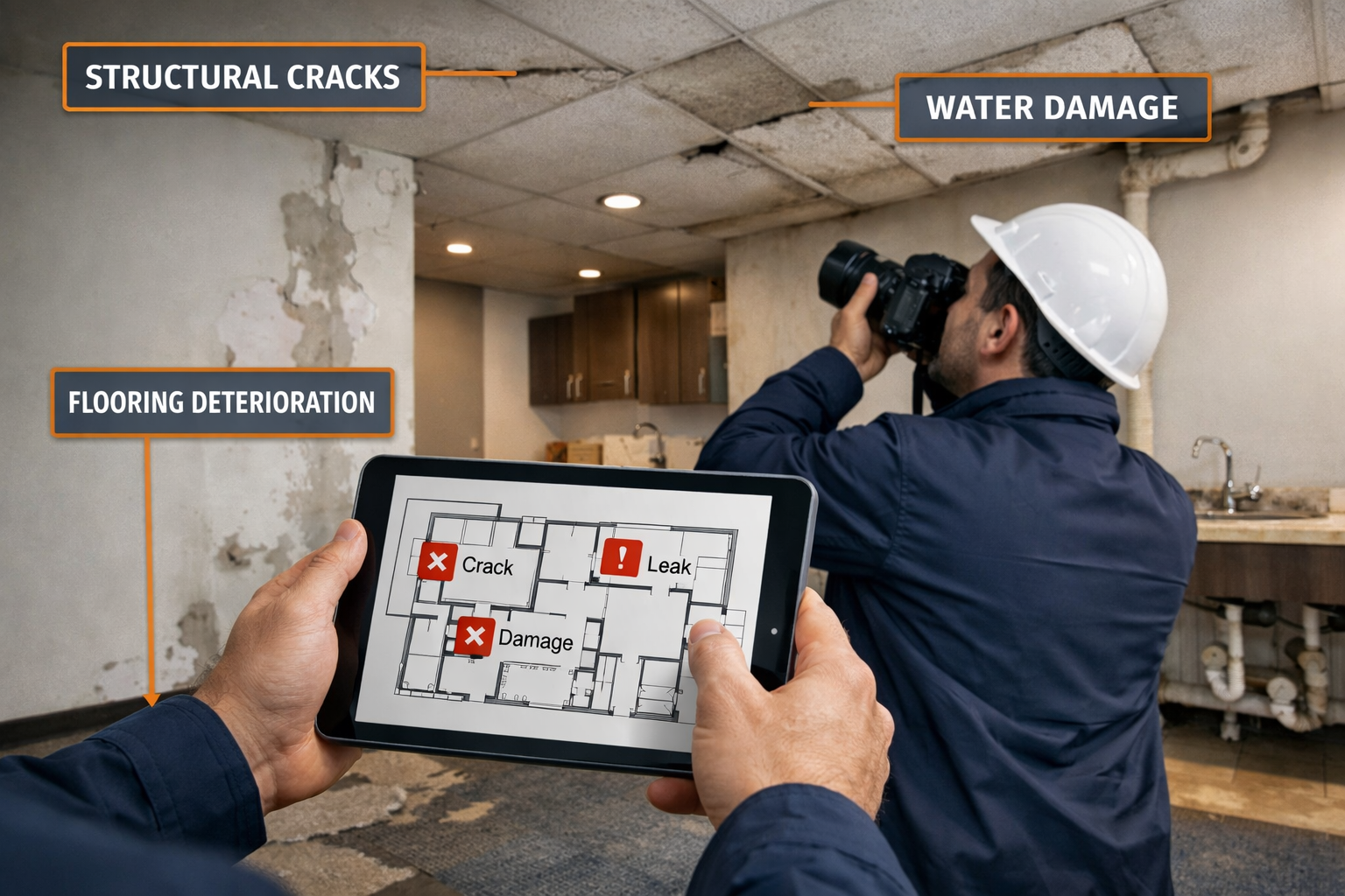 Landscape format (1536x1024) editorial image showing professional surveyor conducting detailed property inspection in commercial building. C