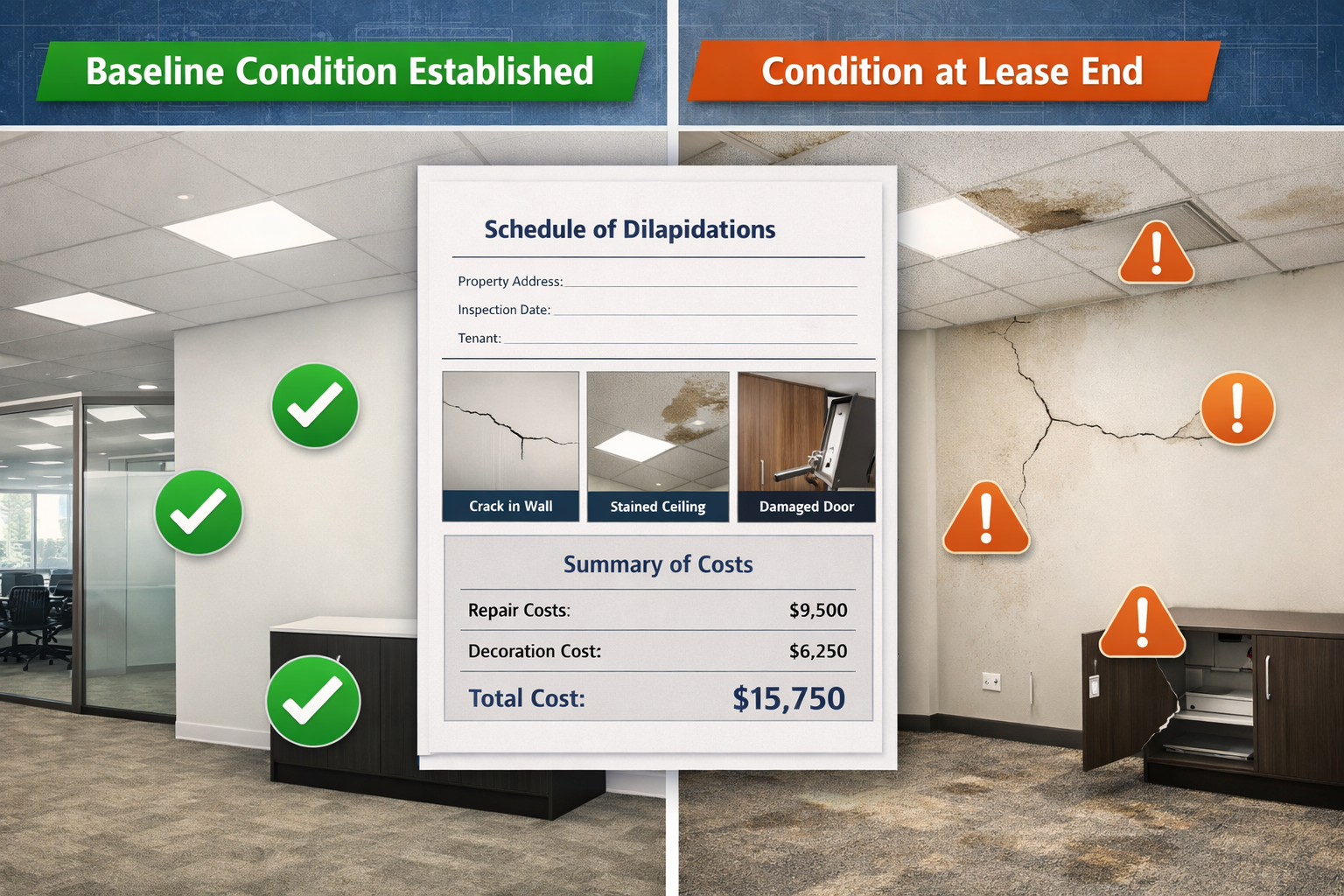 Landscape format (1536x1024) infographic-style image comparing before-and-after dilapidation survey documentation. Split vertical compositio