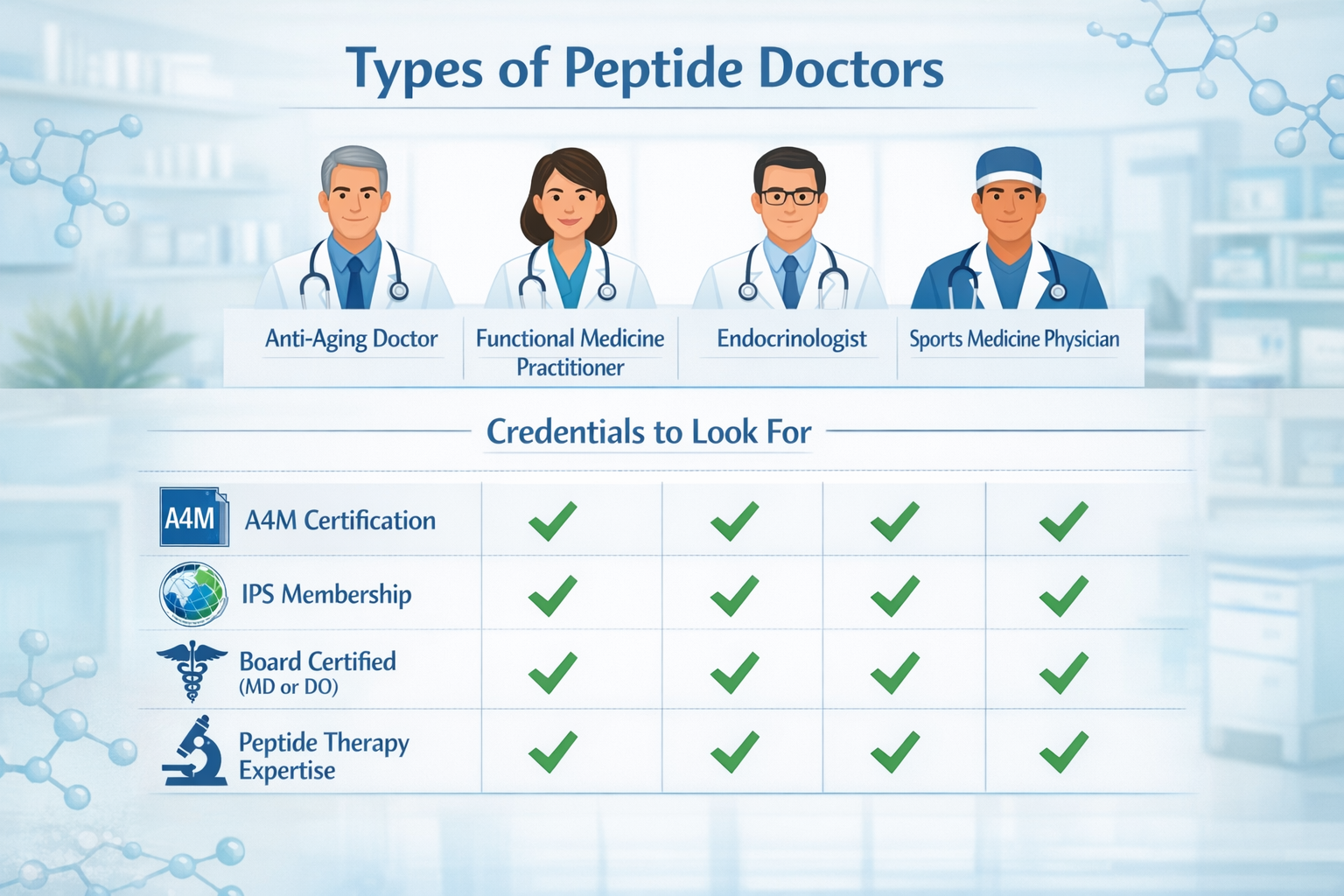 Detailed landscape infographic (1536x1024) showing comparison table of different peptide therapy specialists including anti-aging doctors, f